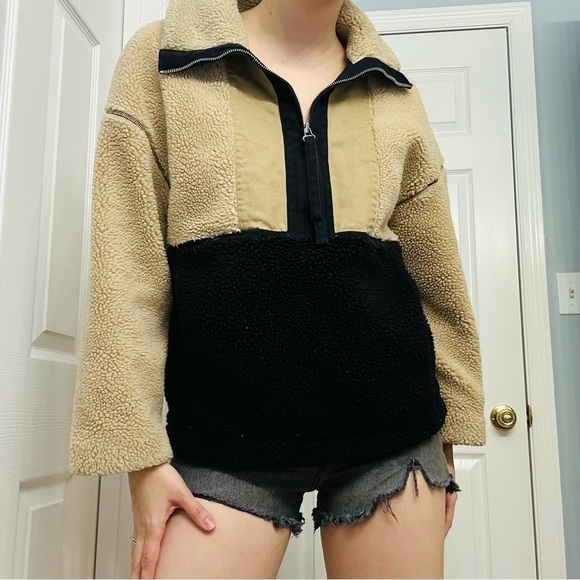 Something Navy Sweatshirt Teddy Fleece Jacket Zip Plush Black Tan Extra Small - Picture 1 of 7